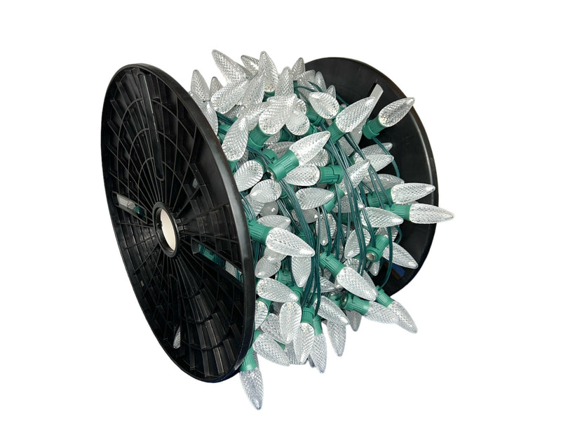 C9 Bulbed Sockets with Magnet Clips: 250’ 15” Spacing C9 Spool with Pre-Bulbed C9s and Magnet Clips, SPT-1 Green Wire
