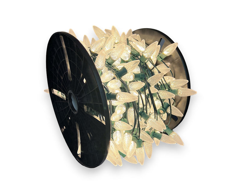 C9 Bulbed Sockets with Magnet Clips: 250’ 15” Spacing C9 Spool with Pre-Bulbed C9s and Magnet Clips, SPT-1 Green Wire