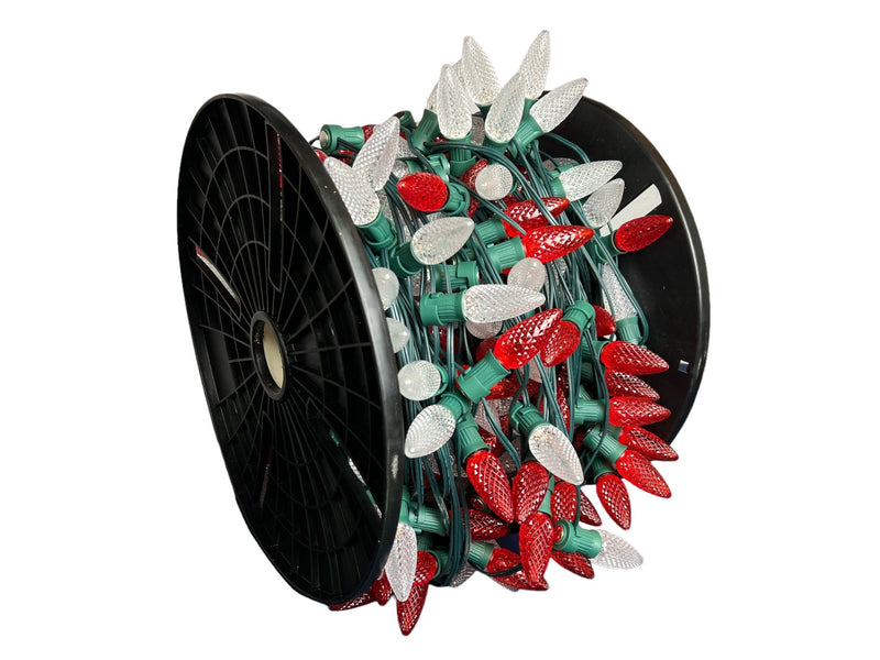 C9 Bulbed Sockets with Magnet Clips: 250’ 15” Spacing C9 Spool with Pre-Bulbed C9s and Magnet Clips, SPT-1 Green Wire