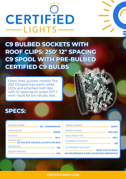 C9 Bulbed Sockets with Roof Clips: 250&