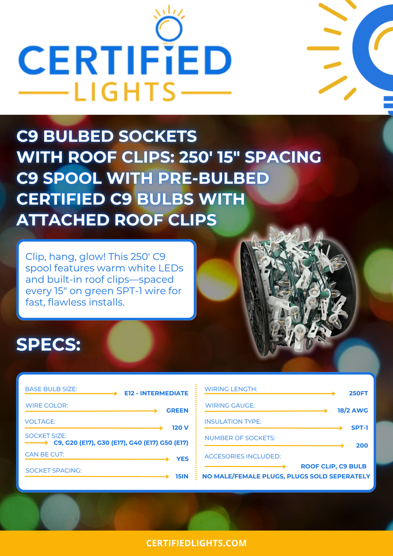 C9 Bulbed Sockets with Roof Clips: 250&