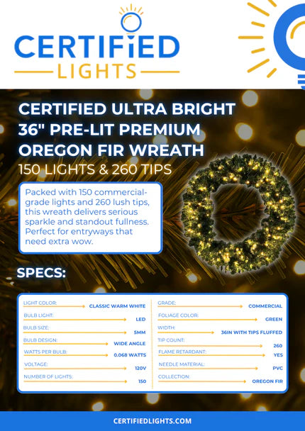 Ultra Bright 36" Pre-Lit Premium Oregon Fir Wreath, 150 Lights & 260 Tips