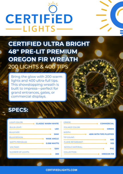Ultra Bright 48" Pre-Lit Premium Oregon Fir Wreath, 200 Lights & 400 Tips