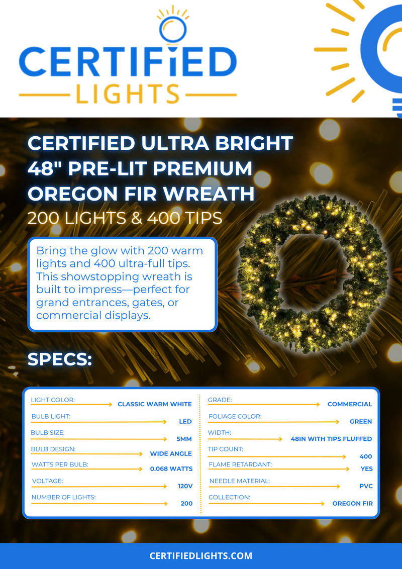 Certified Ultra Bright 48" Pre-Lit Premium Oregon Fir Wreath, 200 Lights & 400 Tips