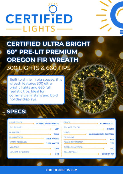 Ultra Bright 60" Pre-Lit Premium Oregon Fir Wreath, 300 Lights & 660 Tips
