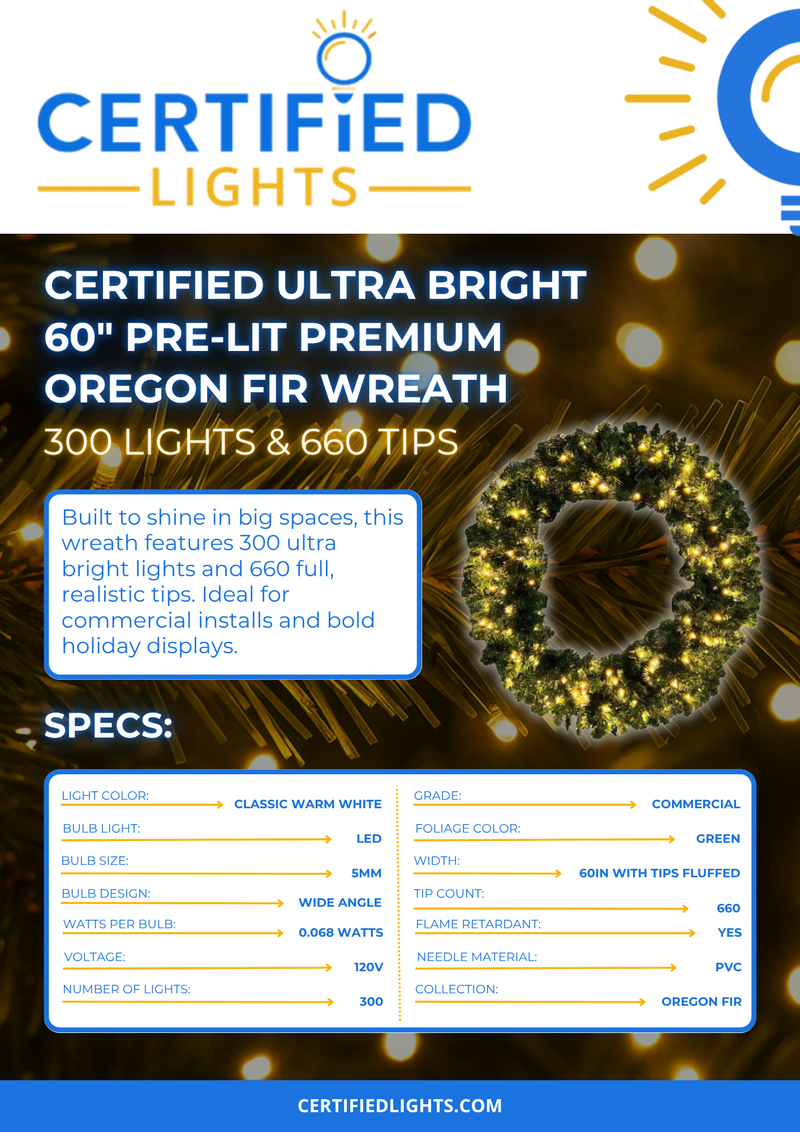Certified Ultra Bright 60" Pre-Lit Premium Oregon Fir Wreath, 300 Lights & 660 Tips