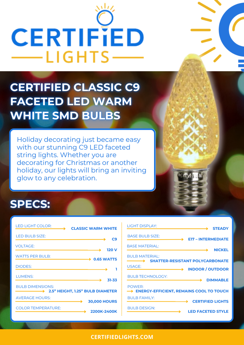 Certified Classic C9 Faceted LED Warm White SMD Bulbs - Case of 500 Bulbs