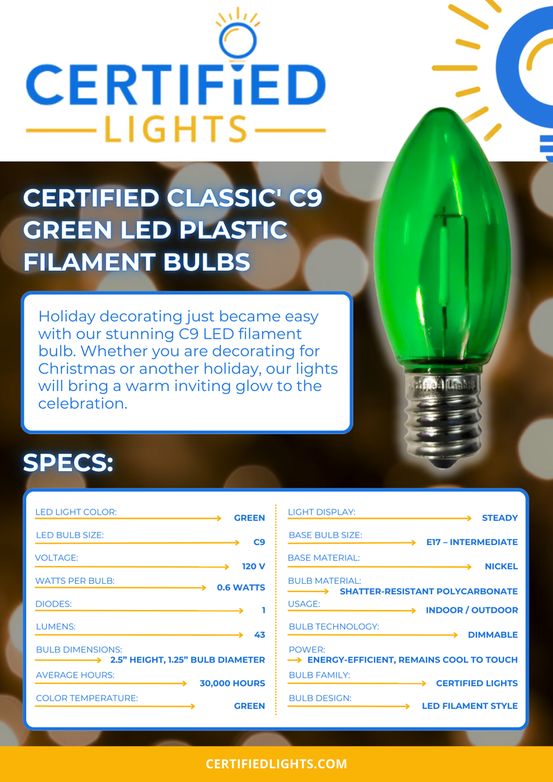 Certified Classic C9 Green LED Plastic Filament Bulbs, Shatterproof - Case of 500 Bulbs