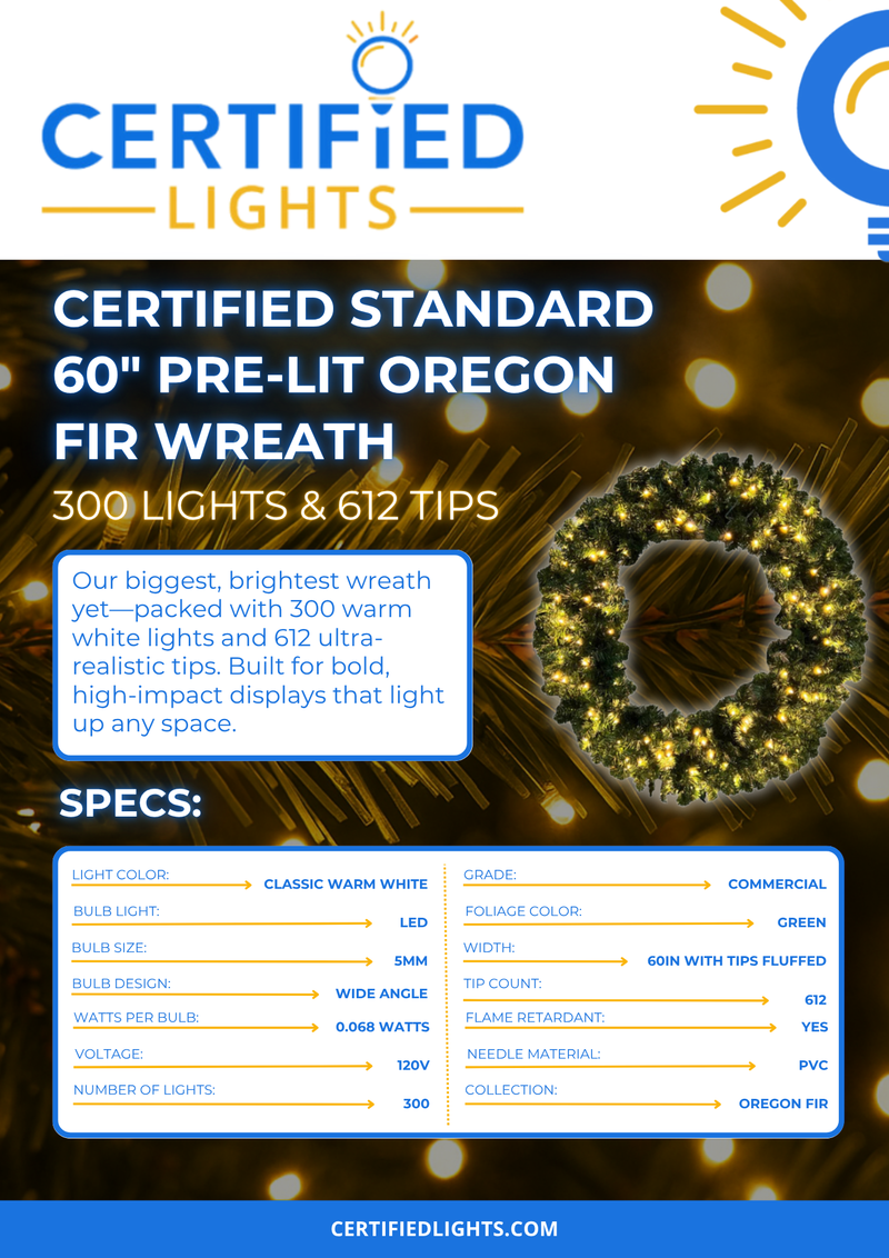 Certified Standard 60" Pre-Lit Oregon Fir Wreath, 300 Lights & 612 Tips