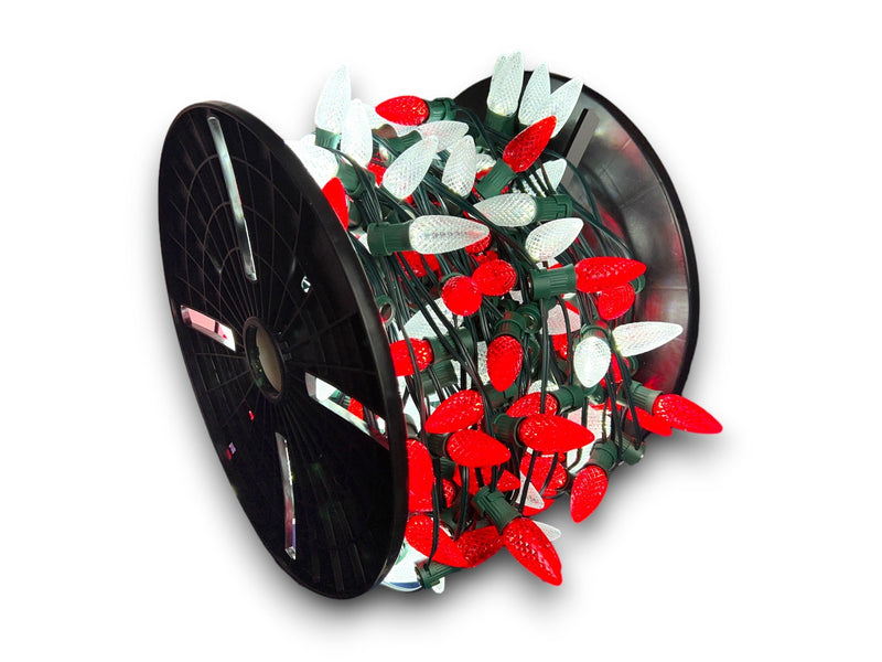 C9 Bulbed Sockets with Magnet Clips: 250’ 15” Spacing C9 Spool with Pre-Bulbed C9s and Magnet Clips, SPT-1 Green Wire