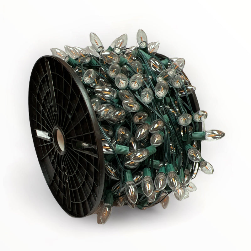 C9 Bulbed Sockets: 500’ 12” Spacing C9 Spool with Pre-Bulbed Certified Classic LED Warm White Filaments, SPT-1 Green Wire