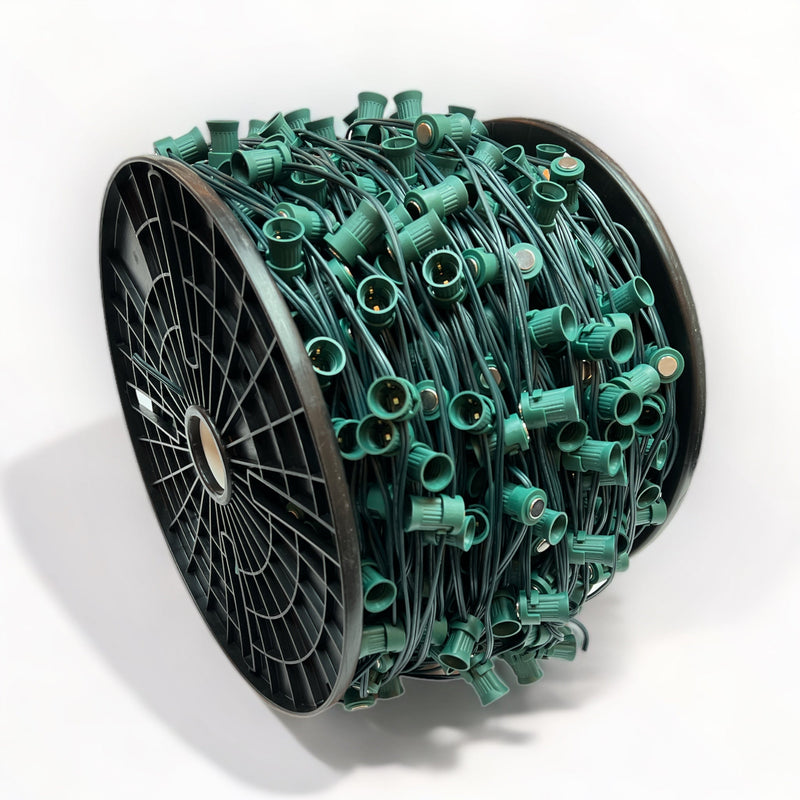 C9 Sockets with Magnets: 1000’ 12” Spacing C9 Spool with Pre-Attached Magnet Clips, SPT-1 Green Wire